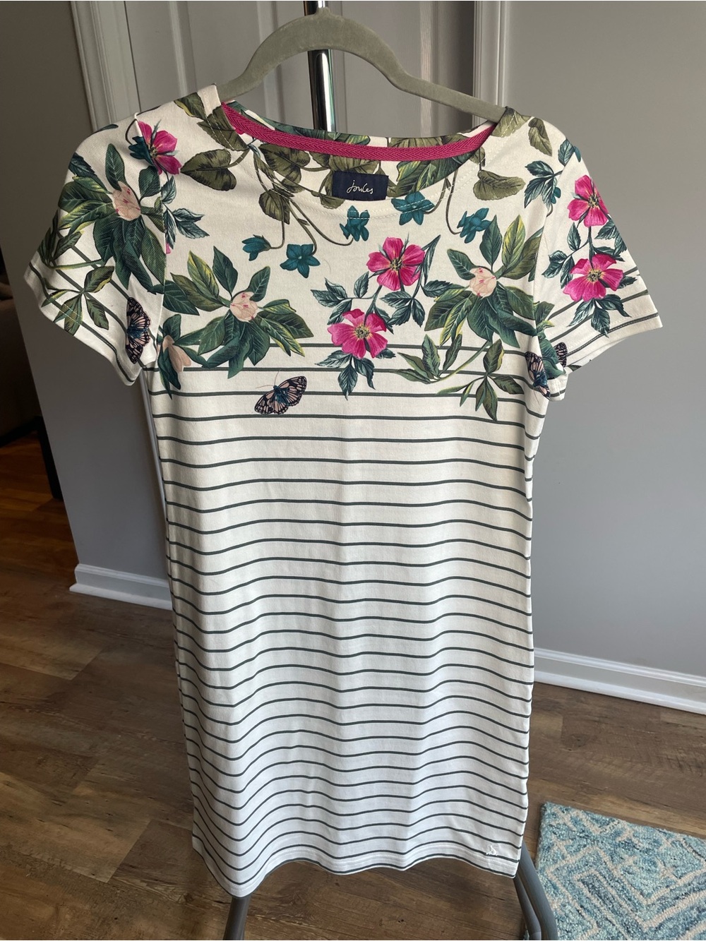 Joules White Stripe Dress with Pink & Green Floral Yoke